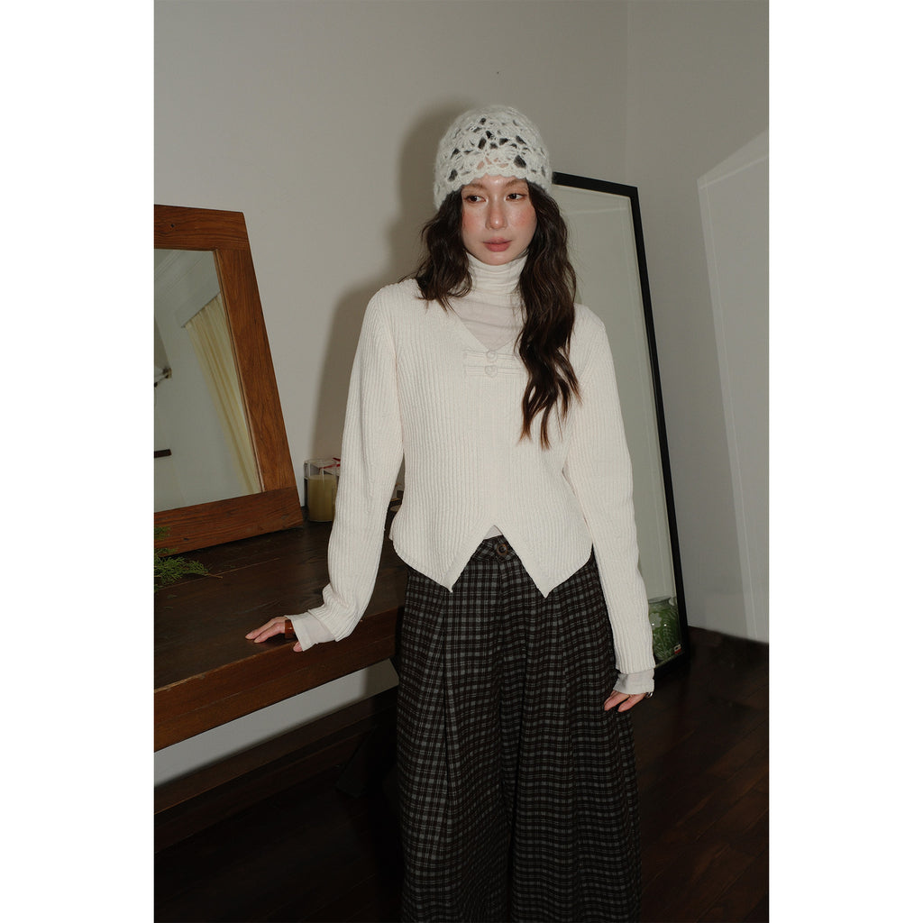 Frog Button V-Neck Striped Long-sleeve Slim-Fit Sweater