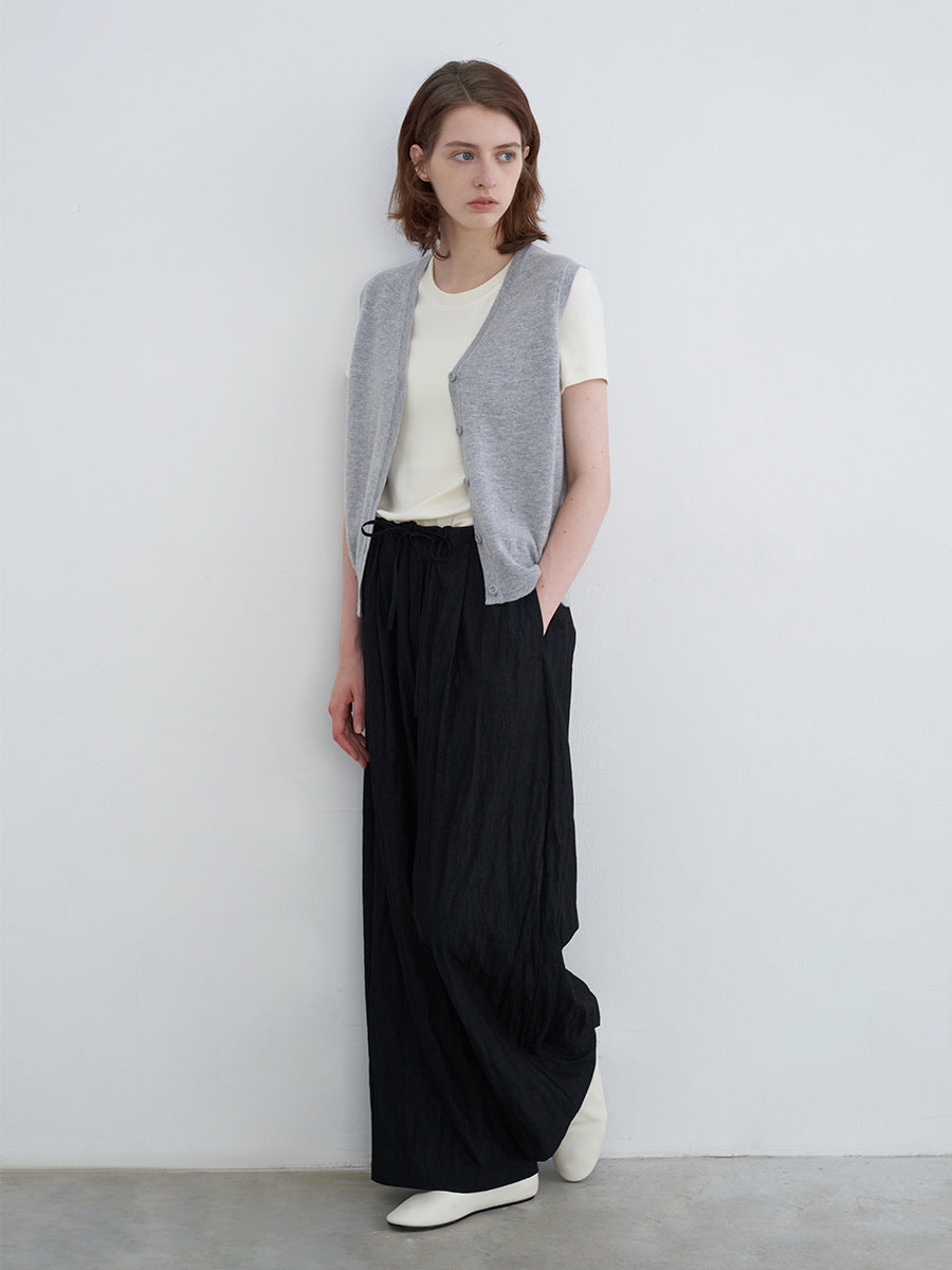 Lightweight Elastic Waist Draped Wide-Leg Pants