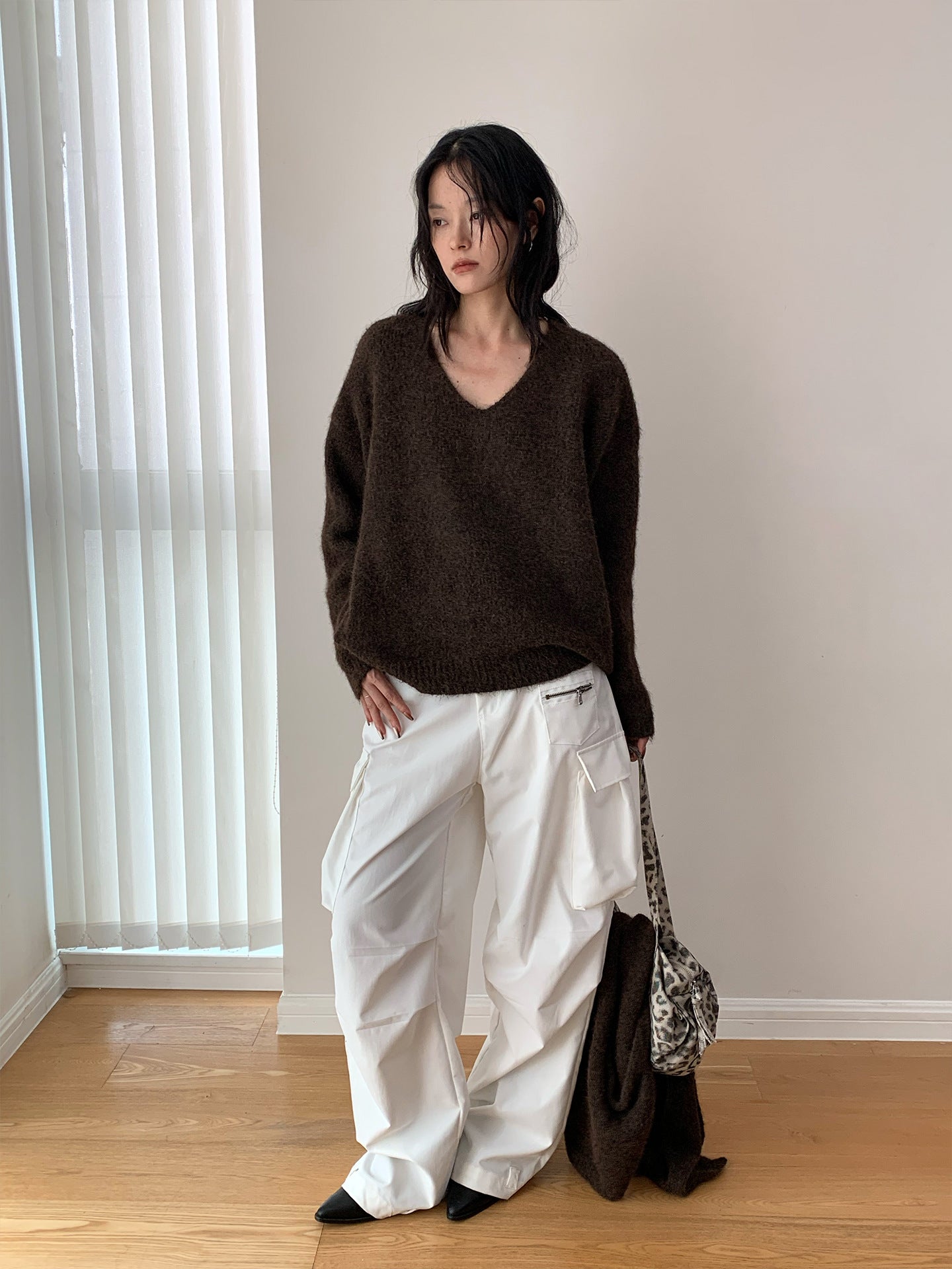 Fluffy V-Neck Knit Sweater with Scarf