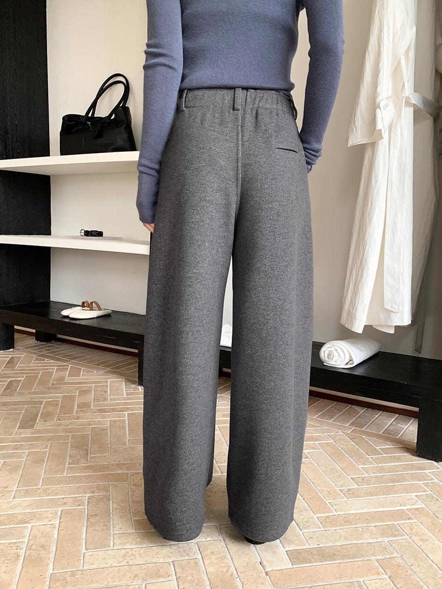High-Waist Elastic Waist Thick Straight Leg Tailored Pants