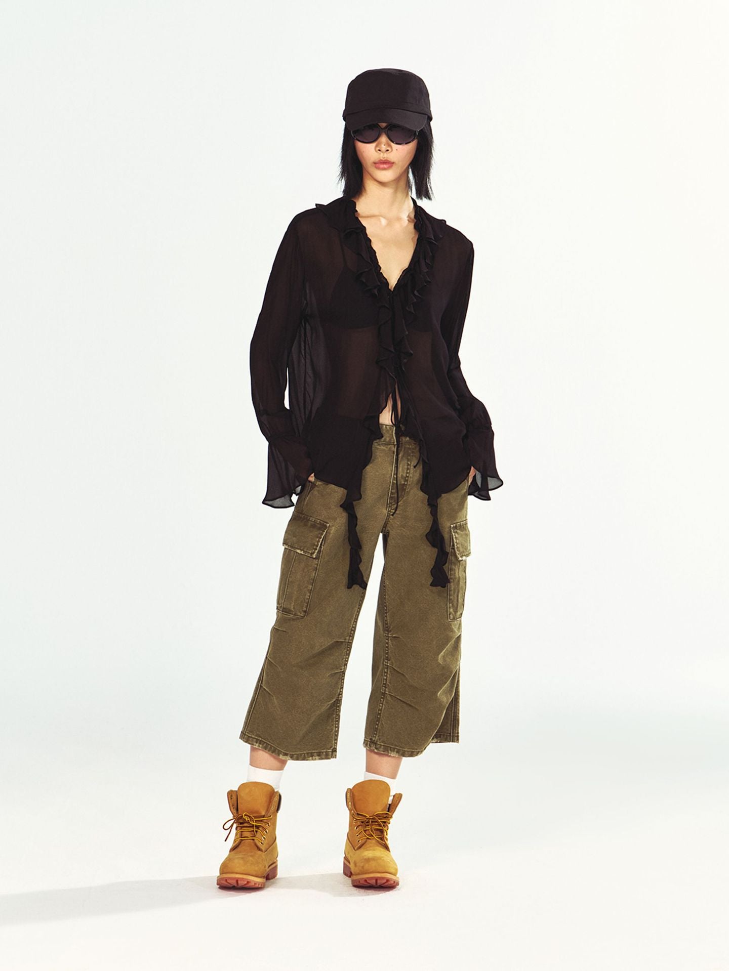 Translucent Double Crepe Long-Sleeve Chiffon Top