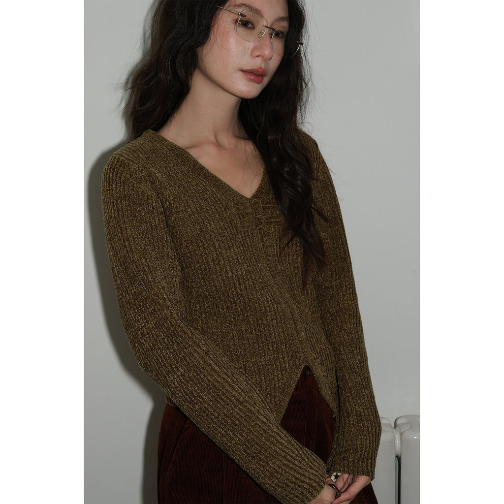 Frog Button V-Neck Striped Long-sleeve Slim-Fit Sweater