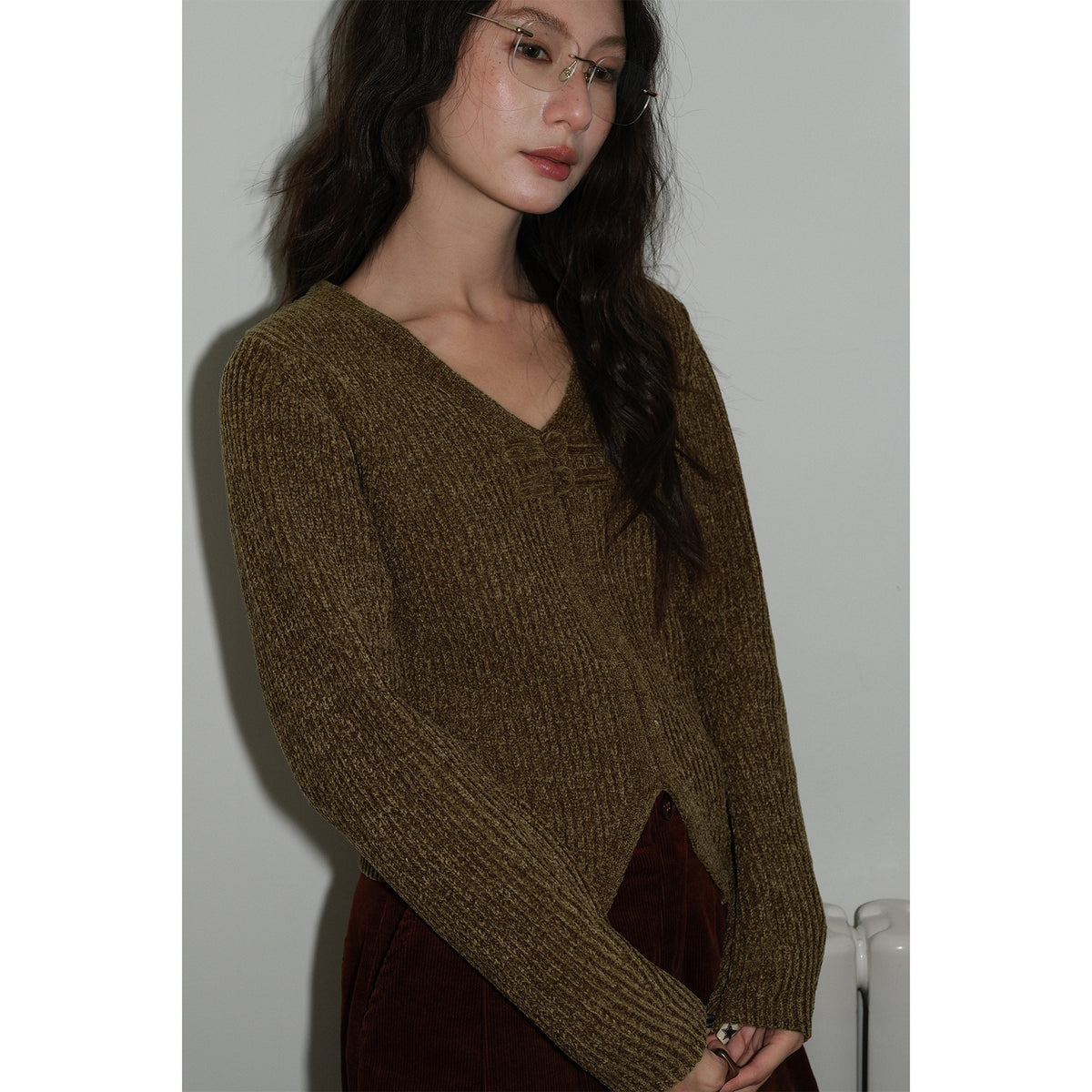 Frog Button V-Neck Striped Long-sleeve Slim-Fit Sweater