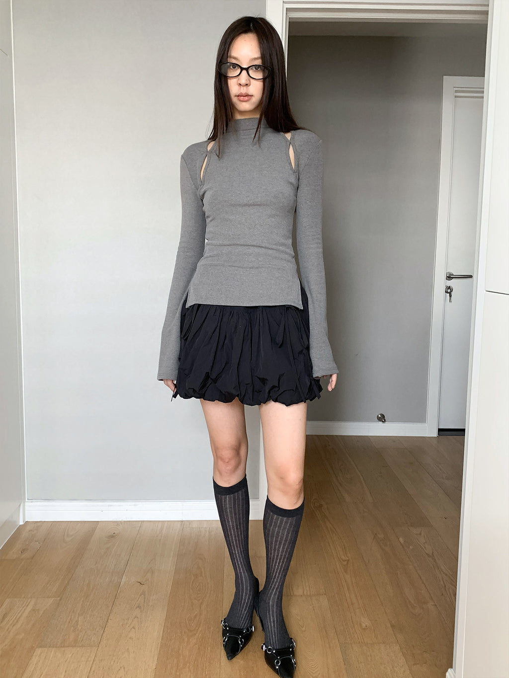 Mock Neck Ribbed Long Sleeve Cutout Top