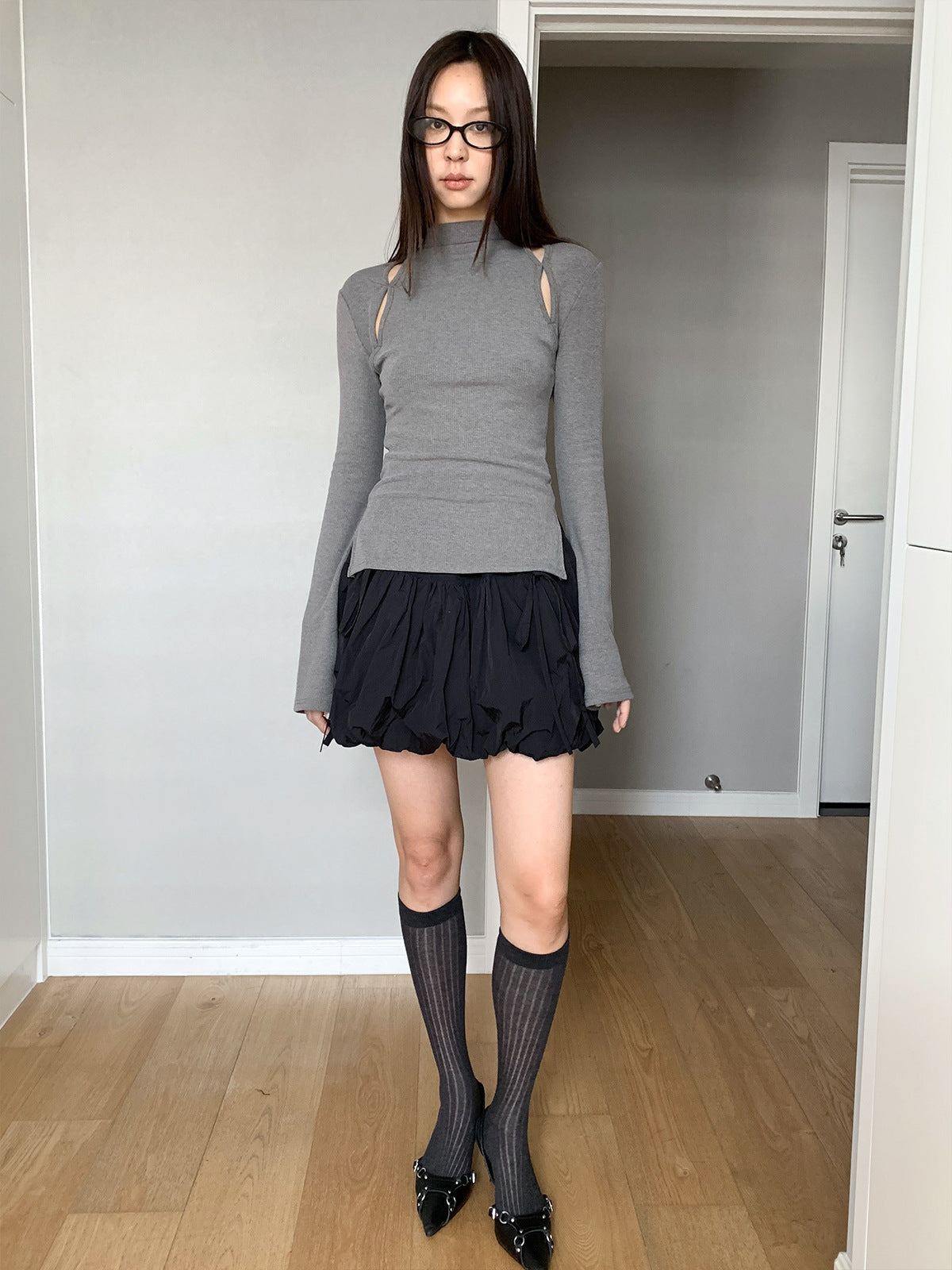 Mock Neck Ribbed Long Sleeve Cutout Top