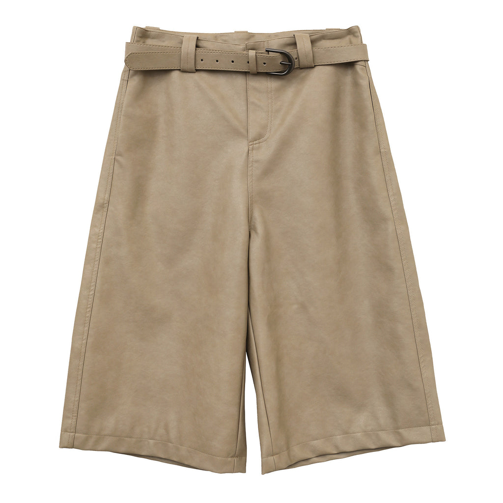Straight-Leg PU Leather Shorts with Belt