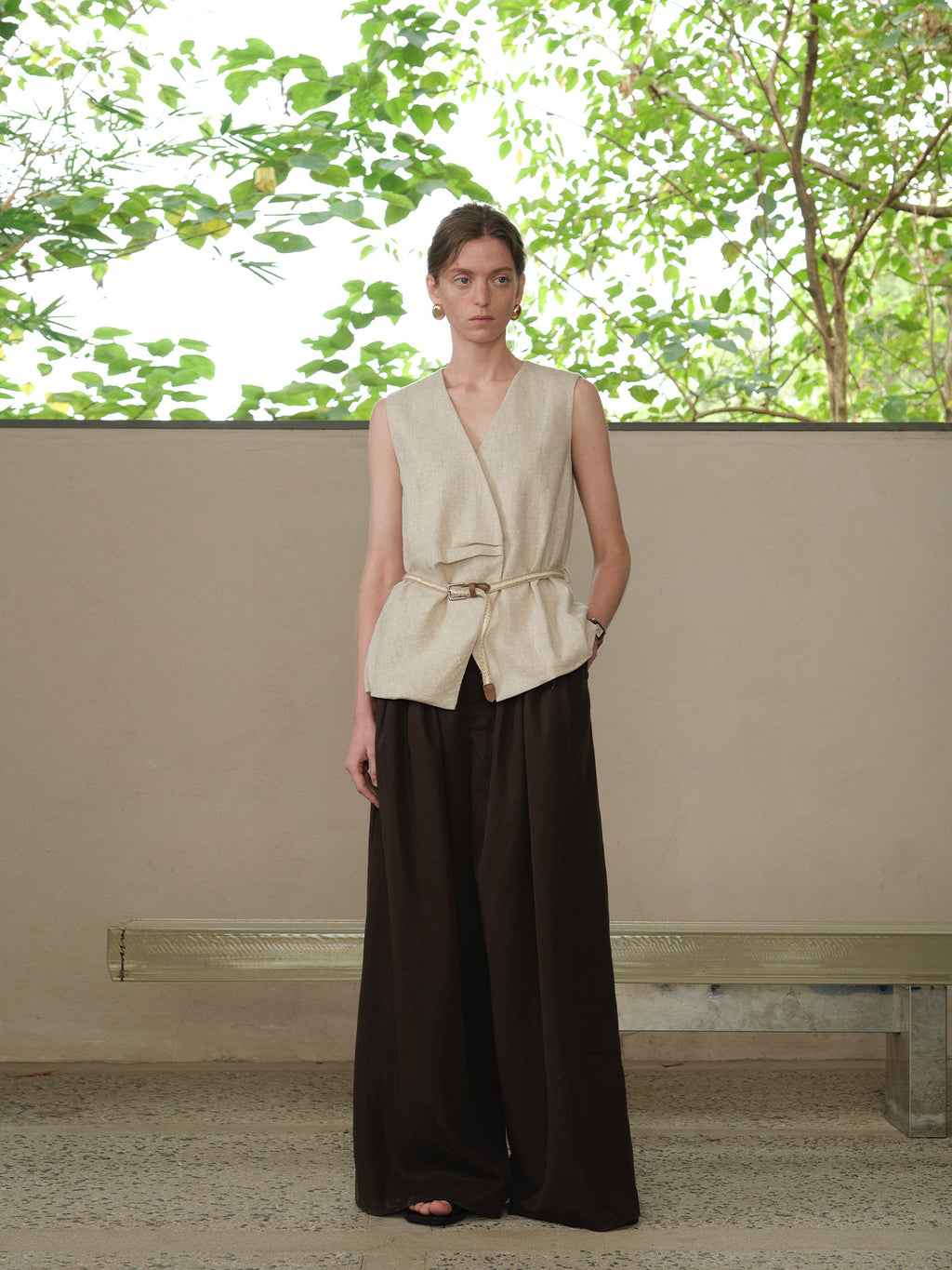 Textured Linen Blend Cross Sleeveless Vest with Belt