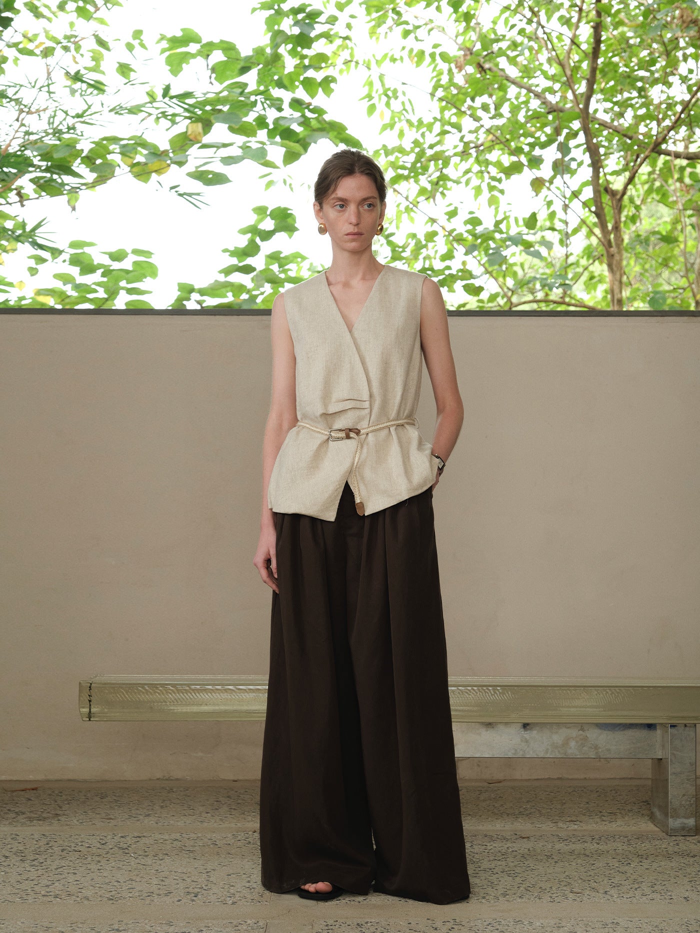 Textured Linen Blend Cross Sleeveless Vest with Belt