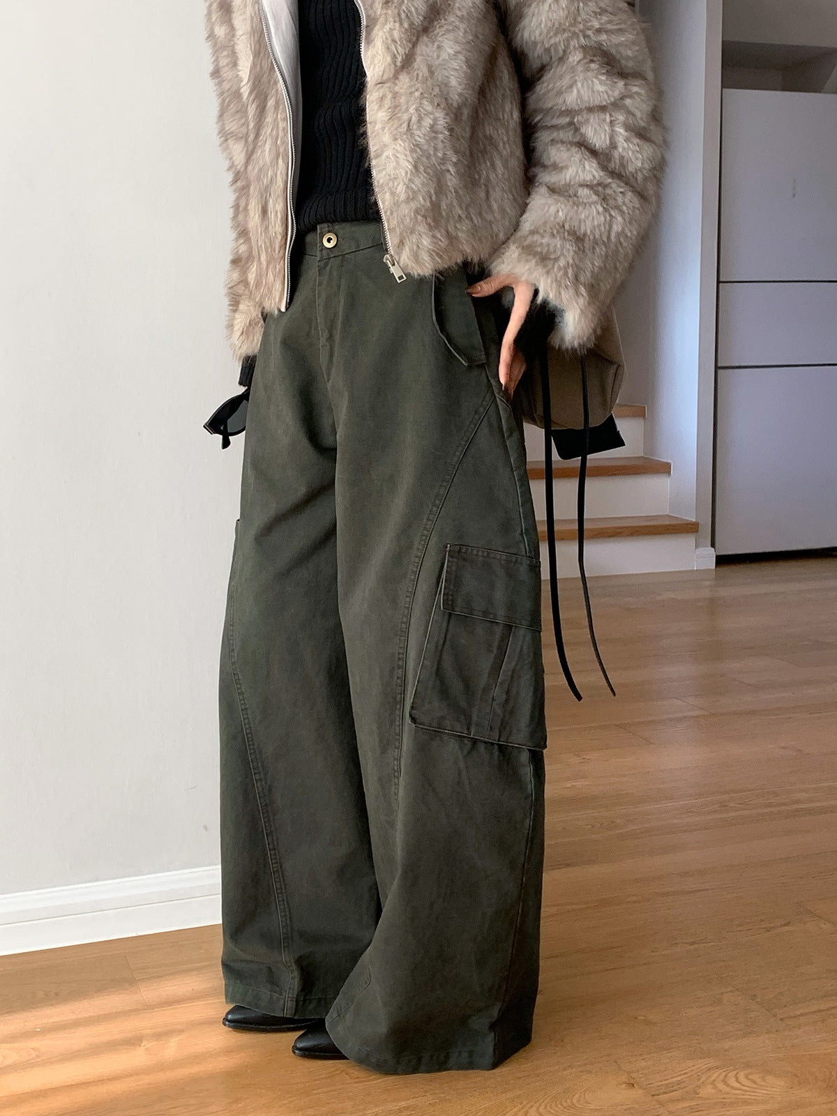 Baggy Wide Leg Cargo Pants with Angled Seam Detail