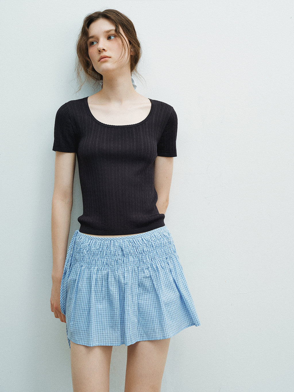 Delicate Mesh Lace Square Neck Slim Fit Knit Top