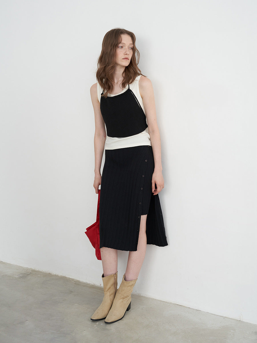 Ribbed Knit Midi Buttoned-Side Slim Skirt