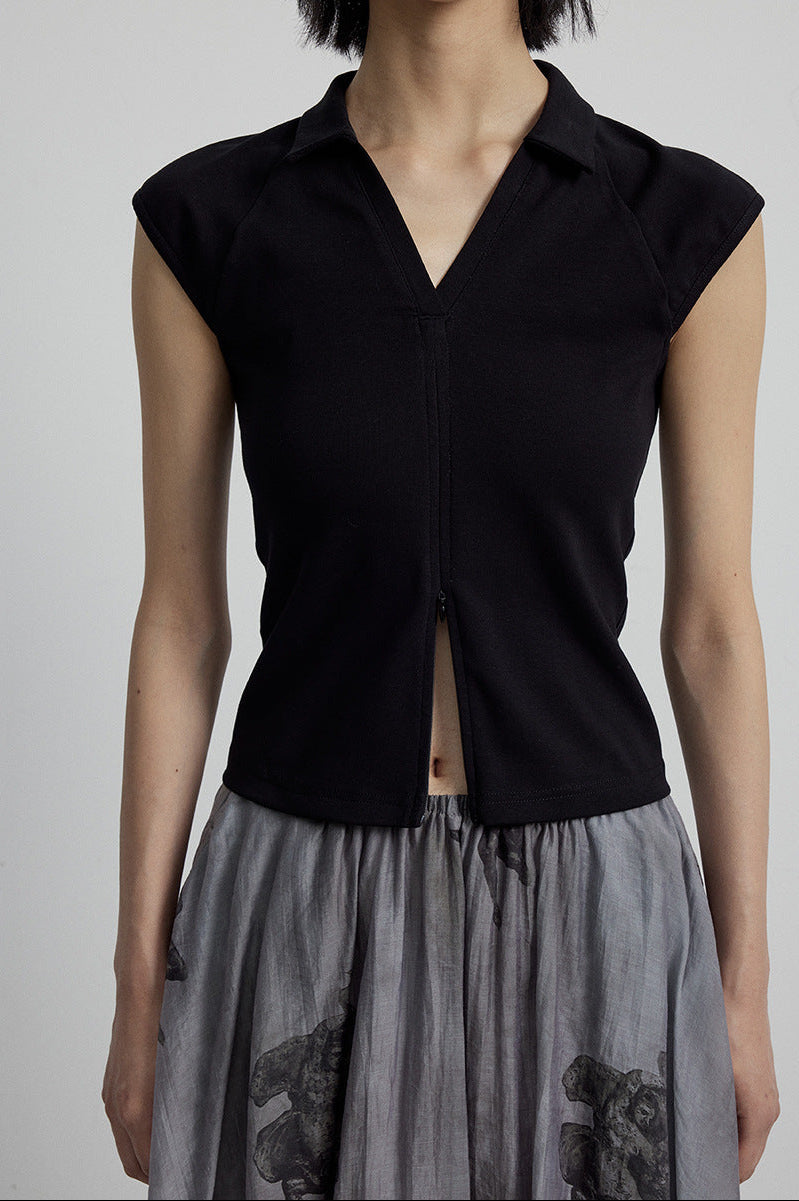 V-neck Fitted High-stretch Multi-wear Knit Zipper Slim Top
