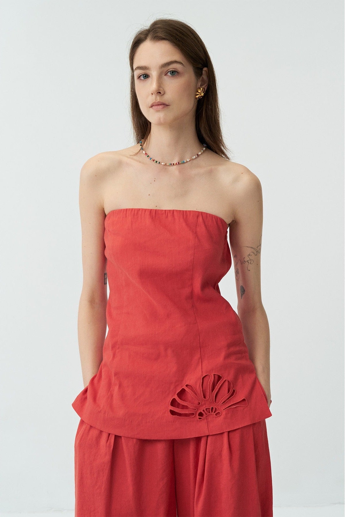 Linen Embroidered Hollow Tube Top