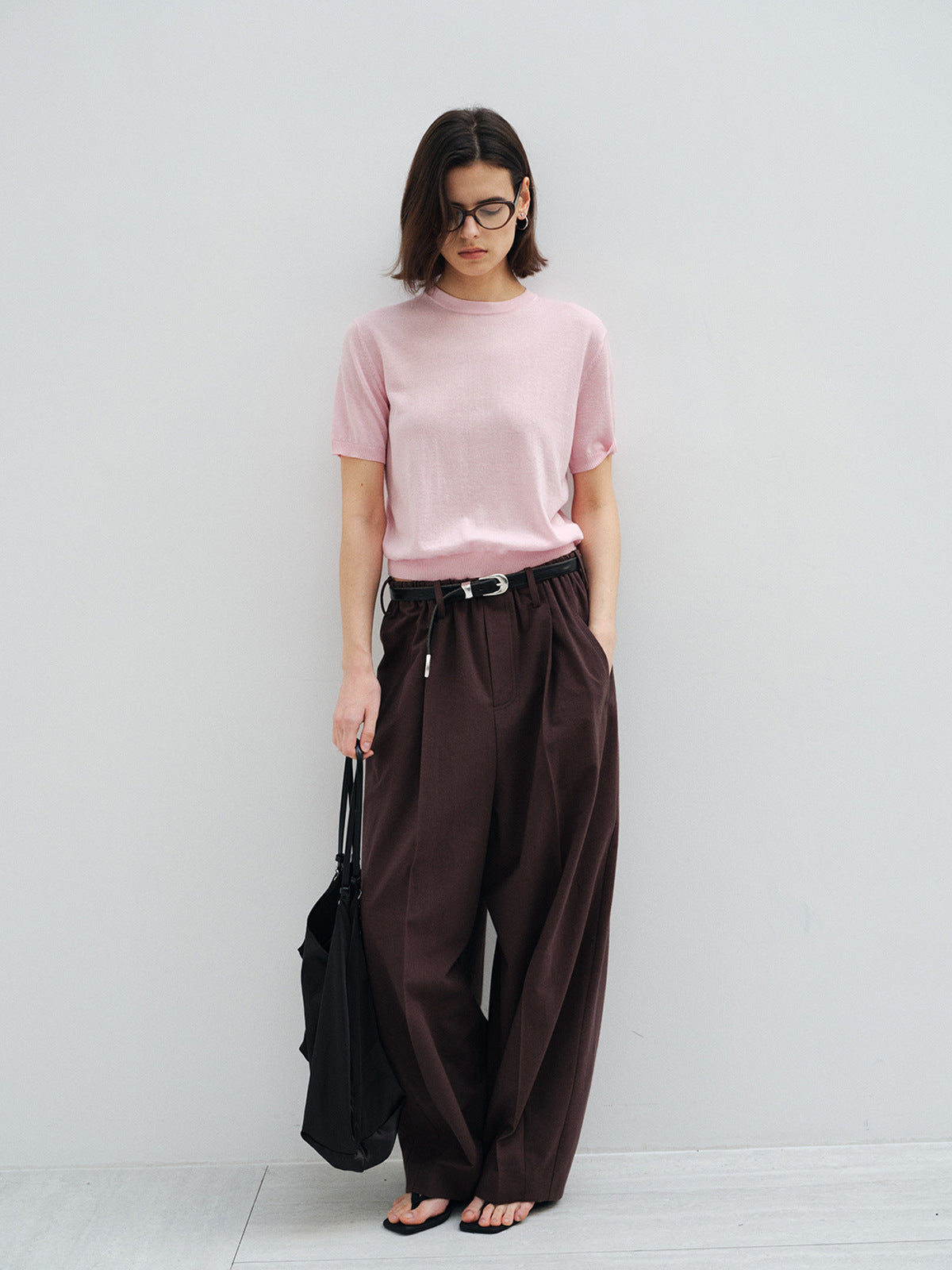 Wool Cotton Elastic Waist Straight Leg Baggy Pants