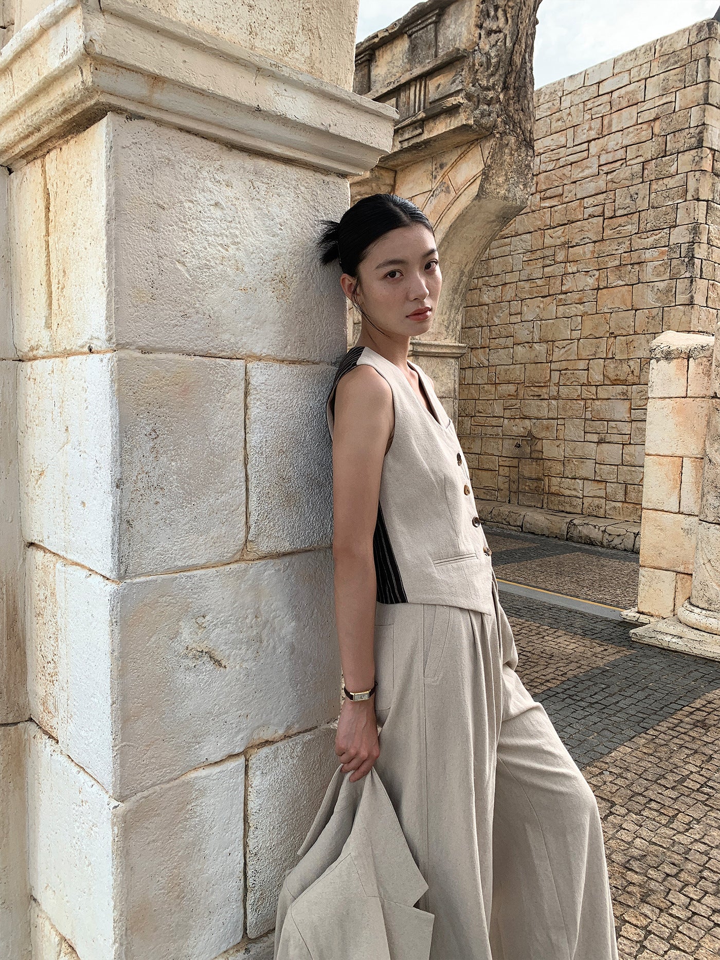 V-Neck Linen Patchwork Suit Vest