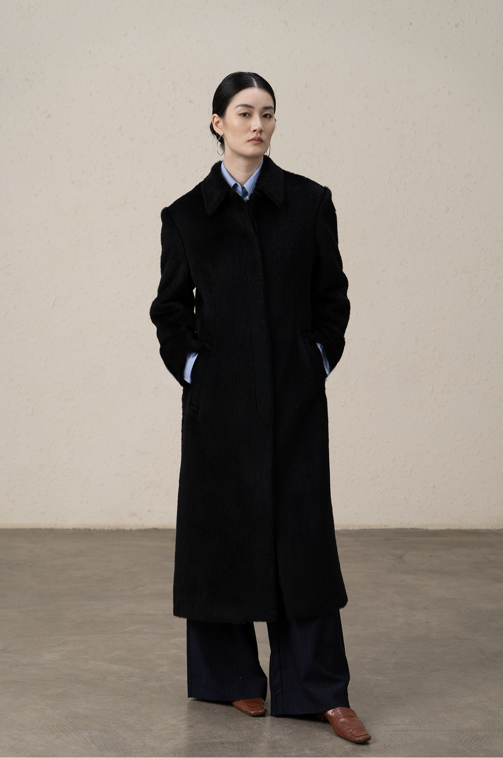 Suri Alpaca & Merino Wool Buttoned Shearling Long Coat