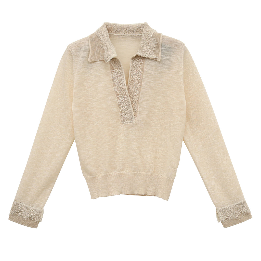 V-shaped Lace Patchwork Long Sleeve Knit Top