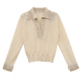 V-shaped Lace Patchwork Long Sleeve Knit Top