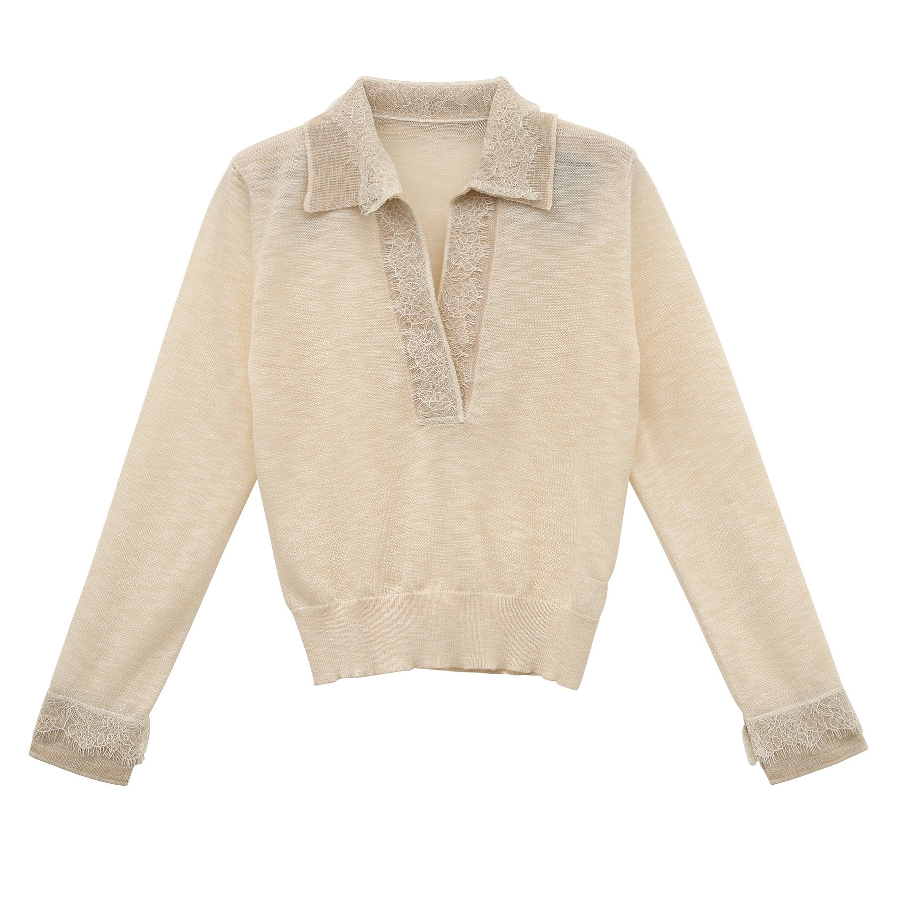 V-shaped Lace Patchwork Long Sleeve Knit Top