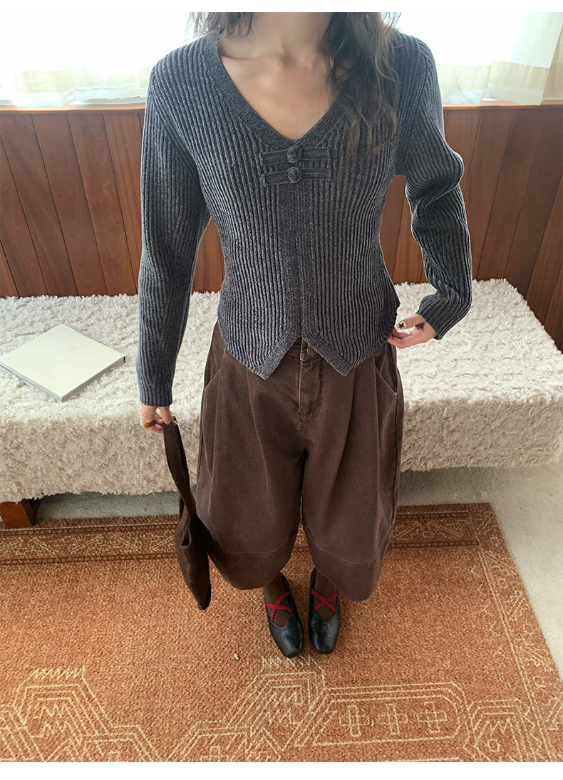 Frog Button V-Neck Striped Long-sleeve Slim-Fit Sweater