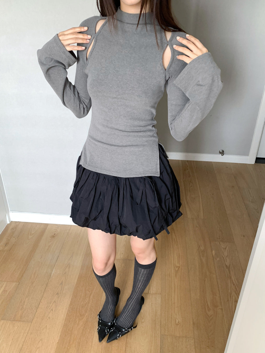 Mock Neck Ribbed Long Sleeve Cutout Top