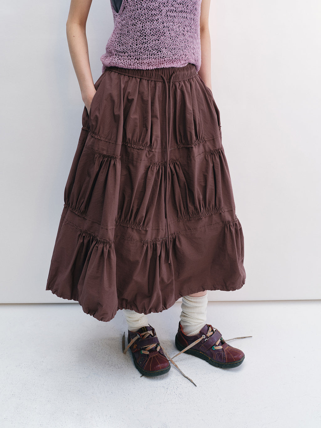 Pleated Irregular Elastic Waist Pockets Maxi Skirt