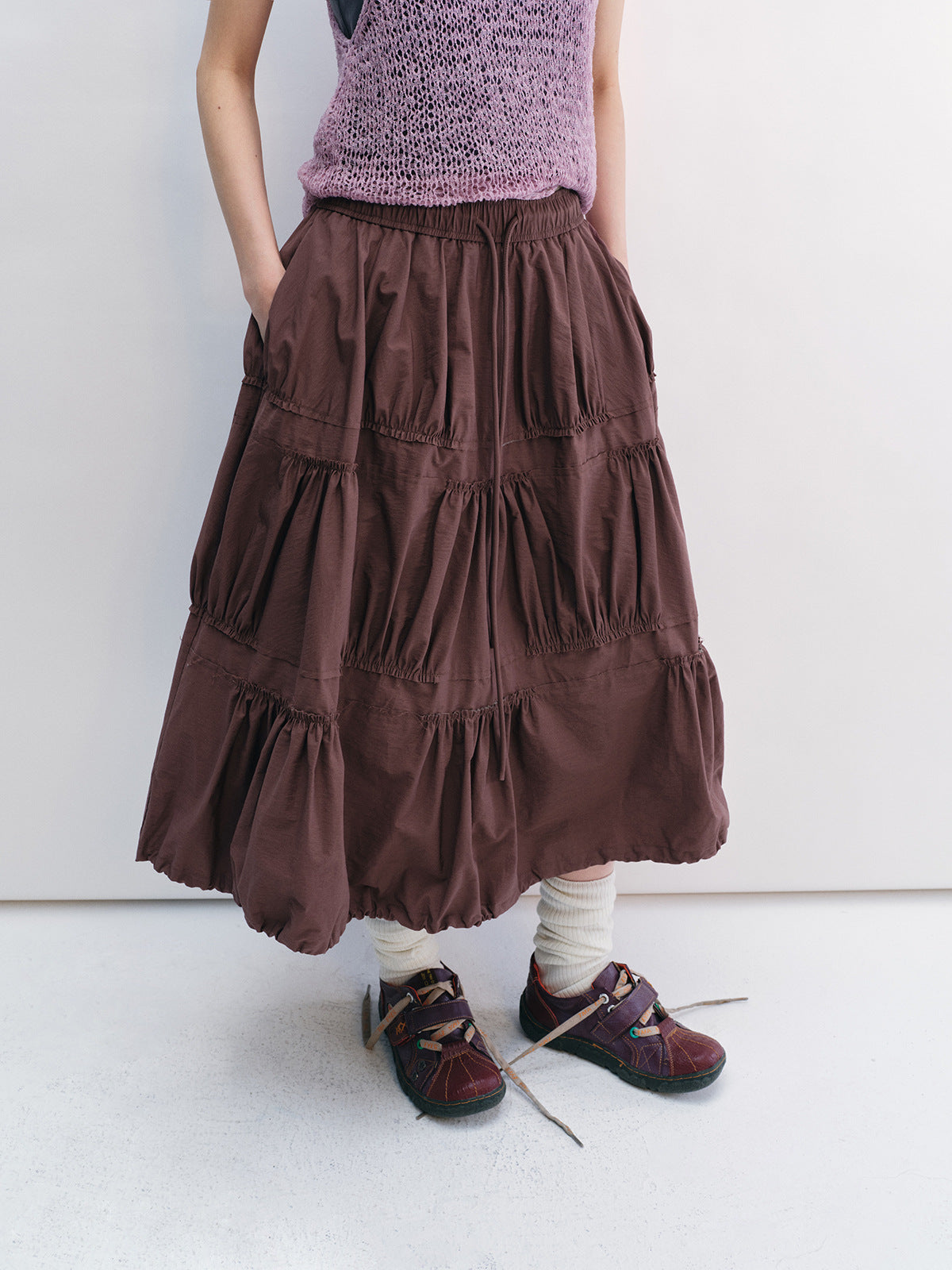 Pleated Irregular Elastic Waist Pockets Maxi Skirt