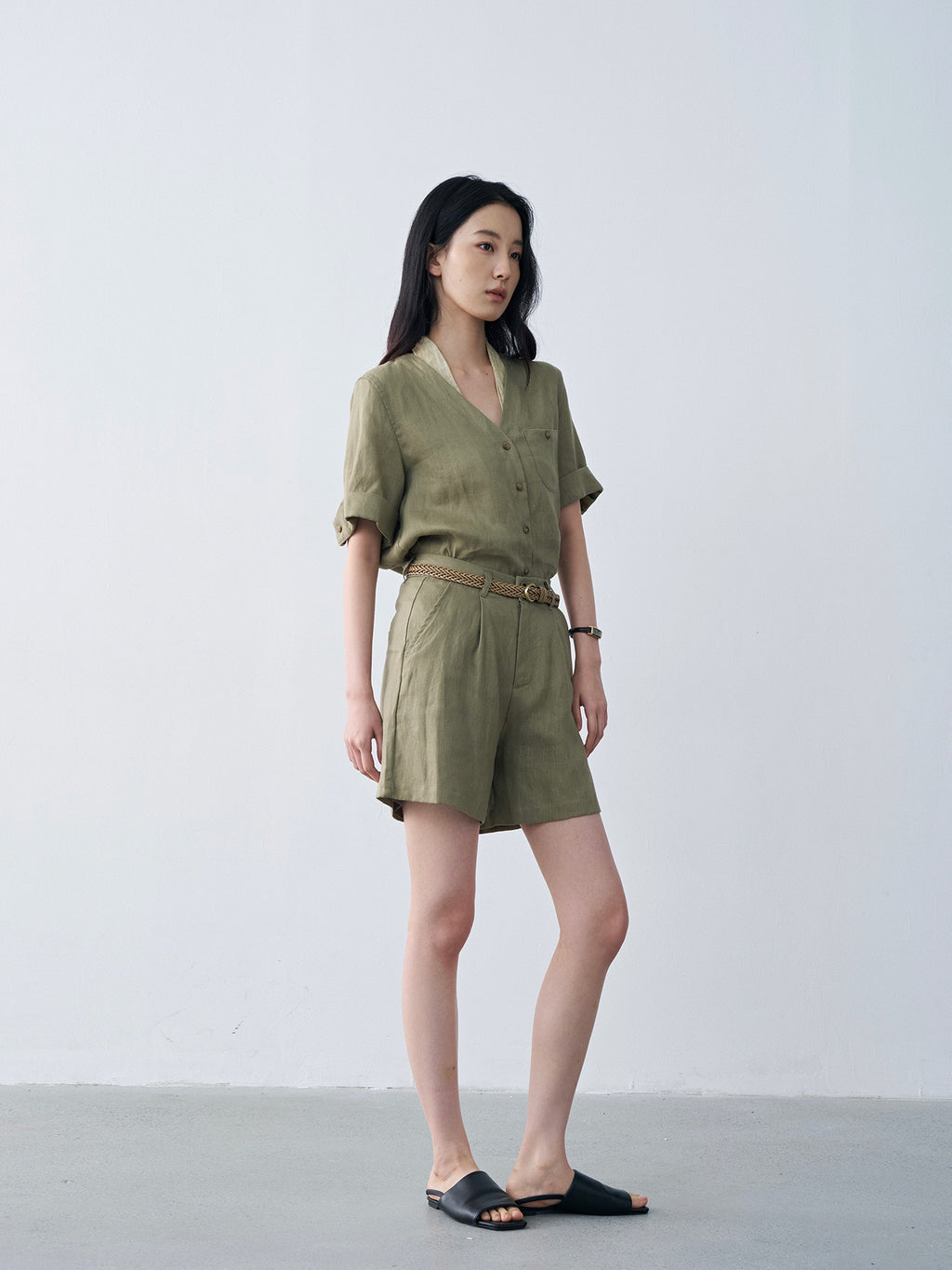 Linen Pleated Straight Casual A-Line Shorts