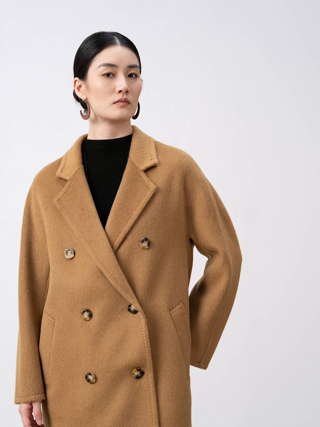 100% Camel Hair Velvet Double-Row Mid-Length Coat
