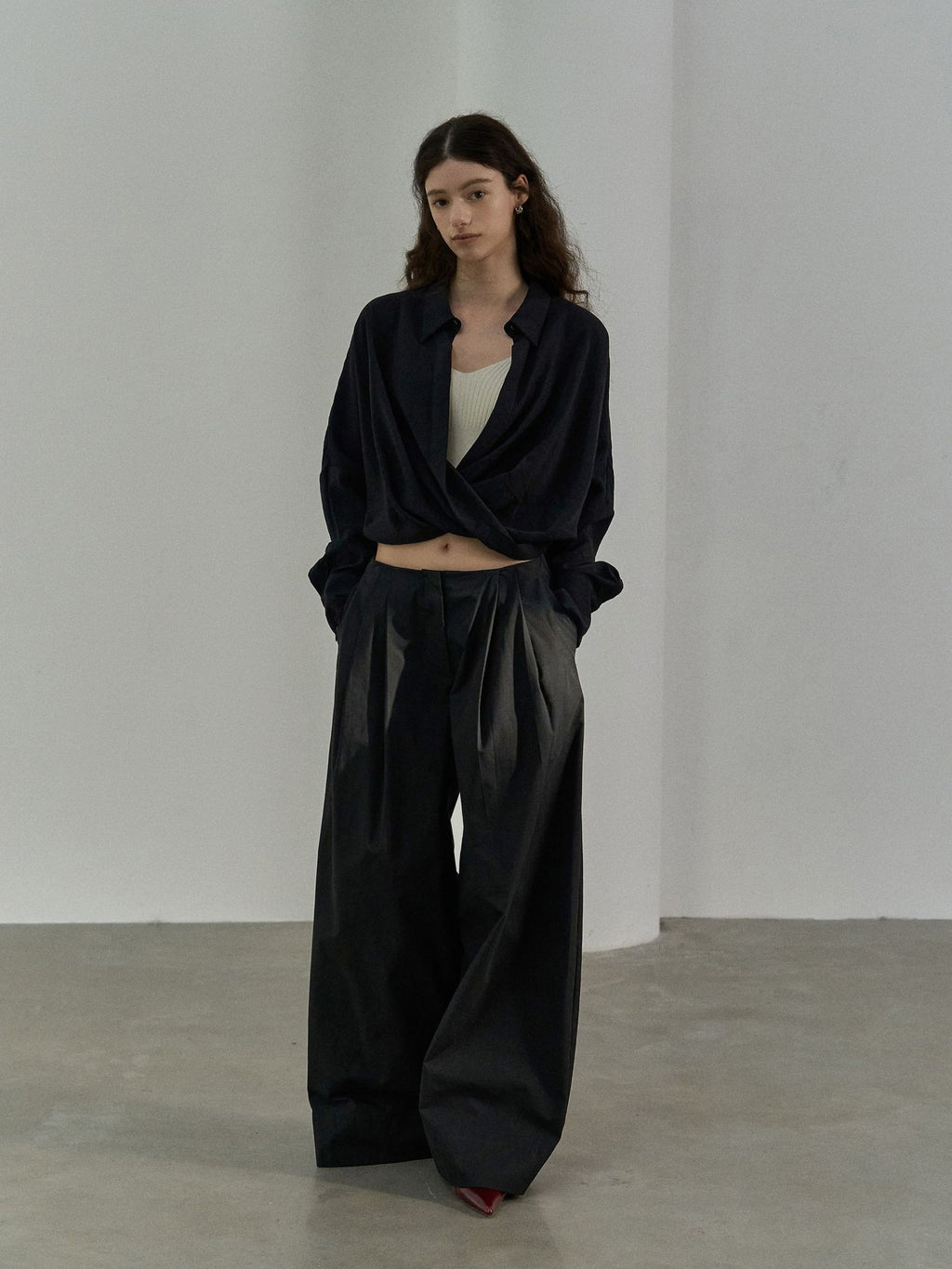 Cotton Brushed Triple Pleated Wide-leg Baggy Pants