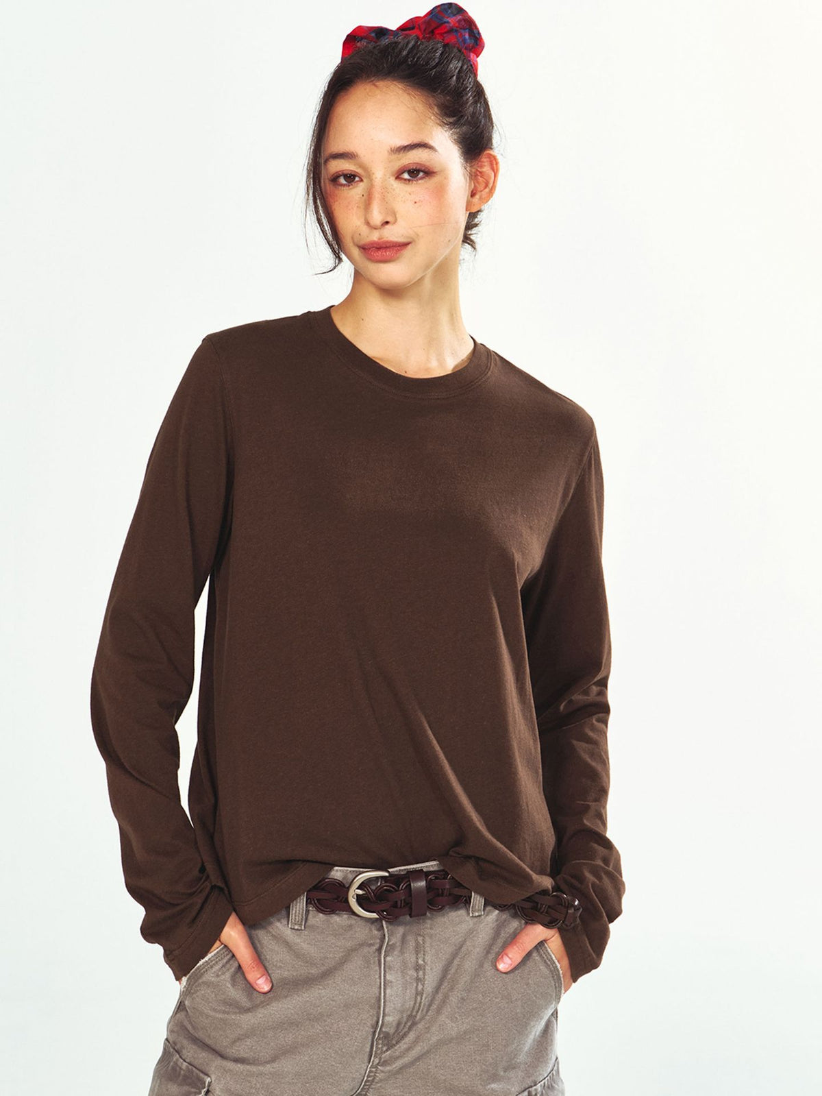 Cotton-linen Blend Basic Long-sleeve Round-neck T-shirt
