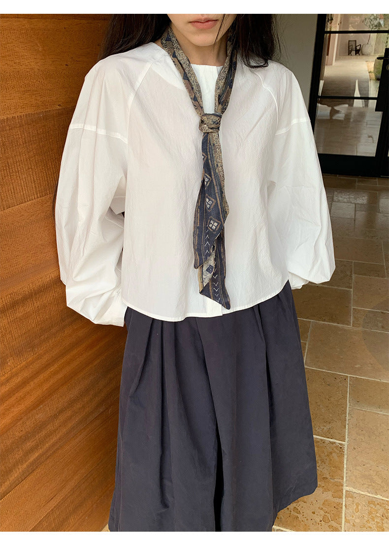 Crew Neck Long-Sleeve Elegant Tie Shirt