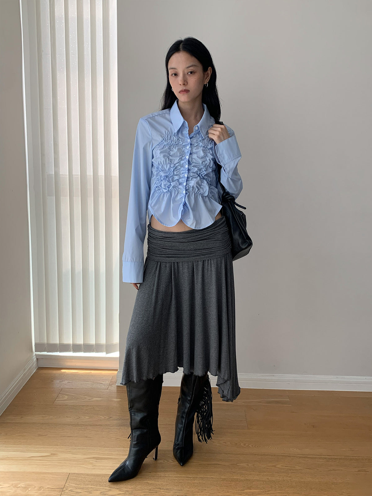High-waisted Pleated Irregular Hem Midi Skirt