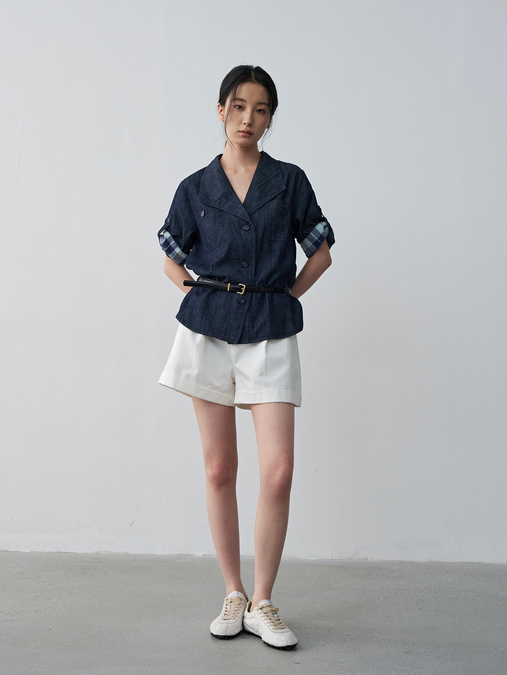 Pleated Mid-rise Rolled Edge Straight Leg Shorts