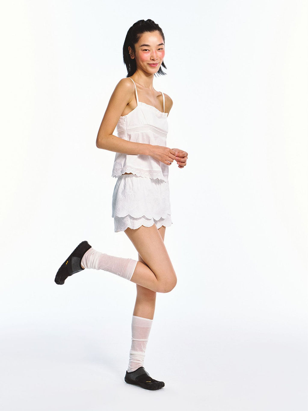 Linen-cotton Layered Embroidered Elastic Waist Mini Skirt with Shorts