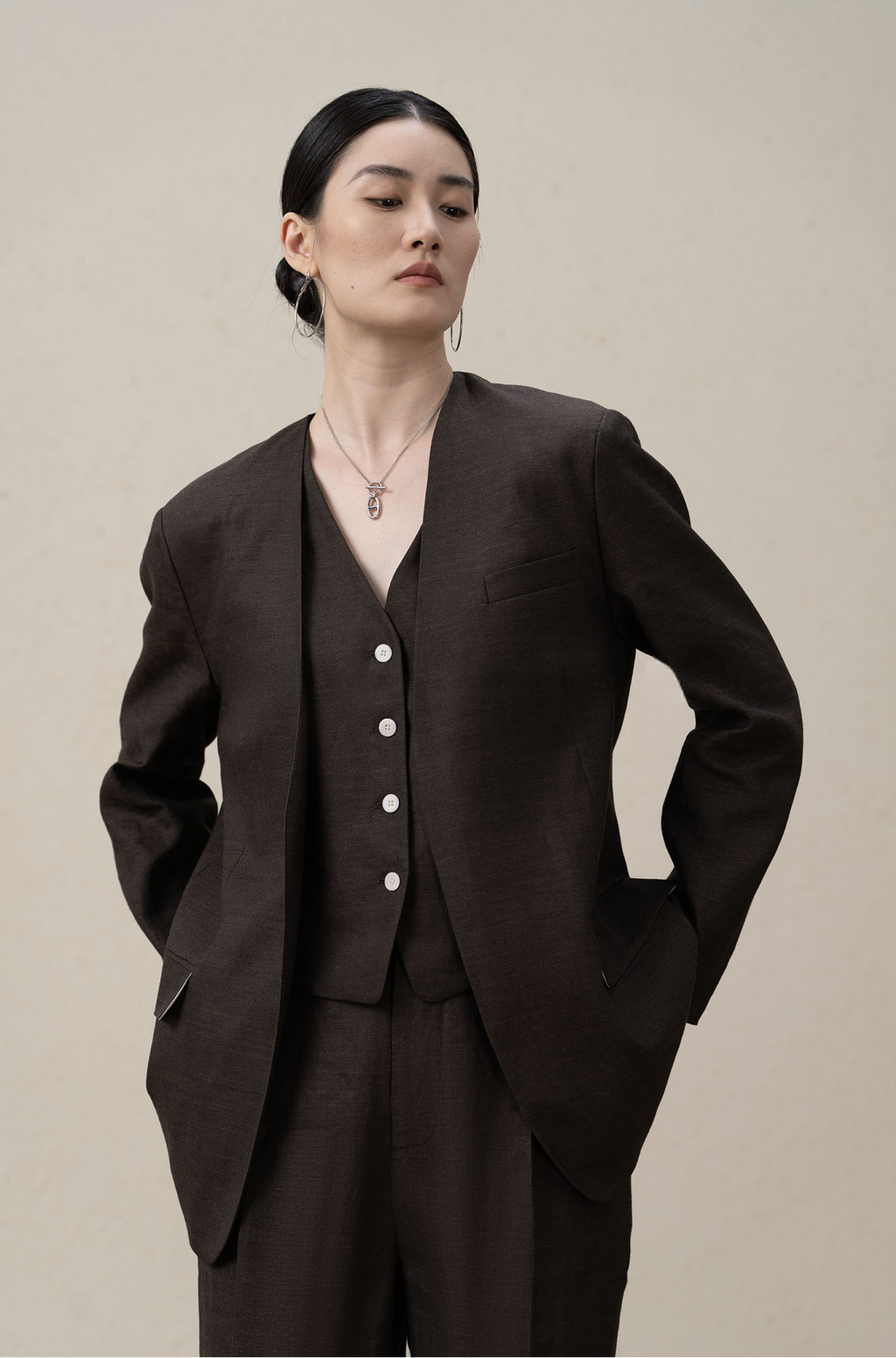 Premium Ramie Loose Oversized Suit Blazer and V-Neck Top