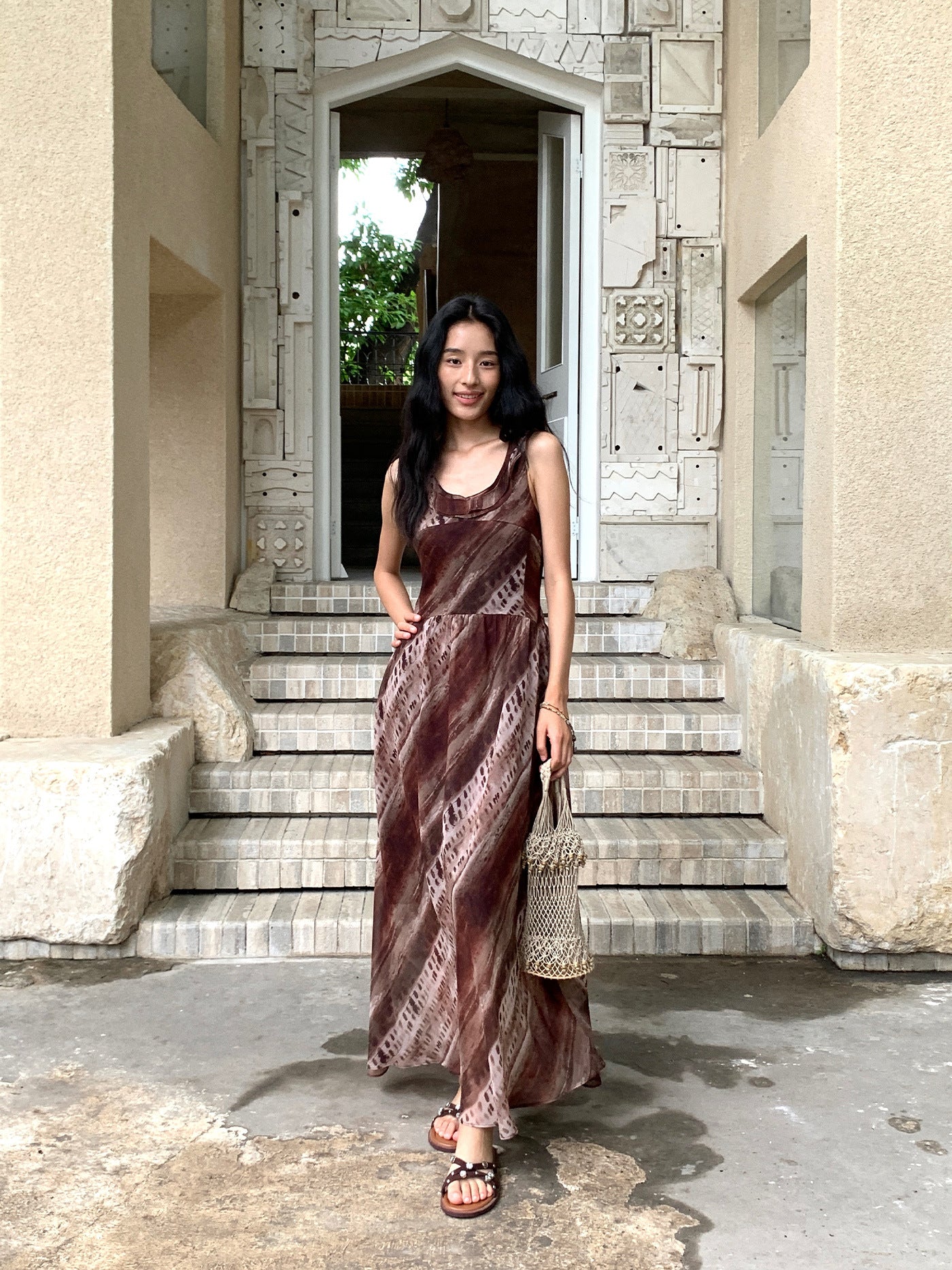Leaf U-Neck Spaghetti Strap Backless Tie-Up Long Dress