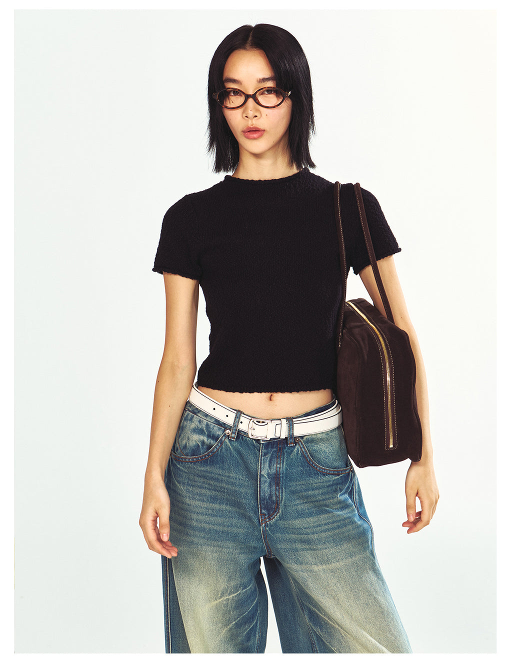 Textured Cotton Half-turtleneck Short-sleeve Knit t-Shirt