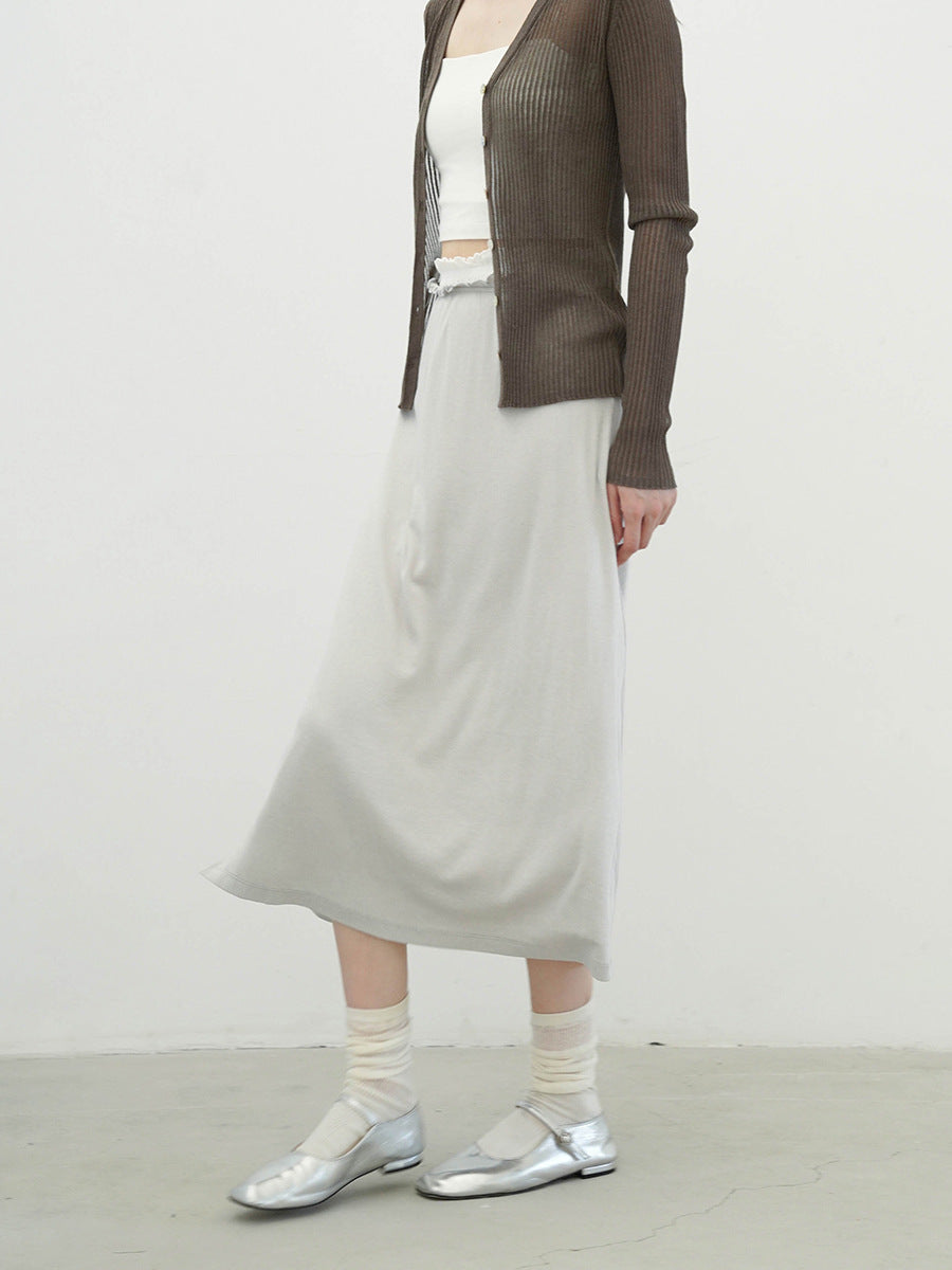Soft Stretch Ruffled Elastic Waistband Midi Skirt