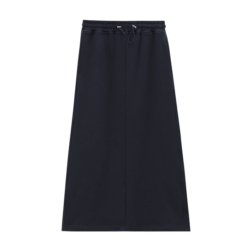 Pure Cotton Elastic Waist Slit Casual Midi Skirt
