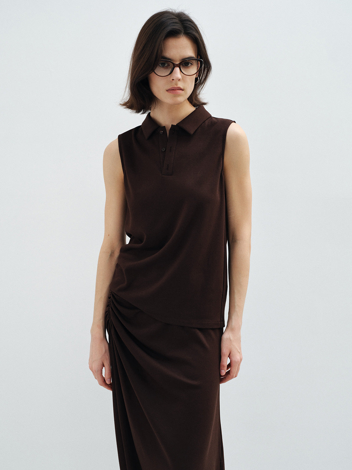 Soft Skin-Fit Modal Wool Knit Polo Collar Top