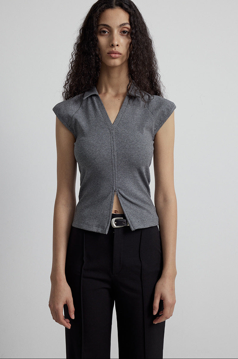 V-neck Fitted High-stretch Multi-wear Knit Zipper Slim Top