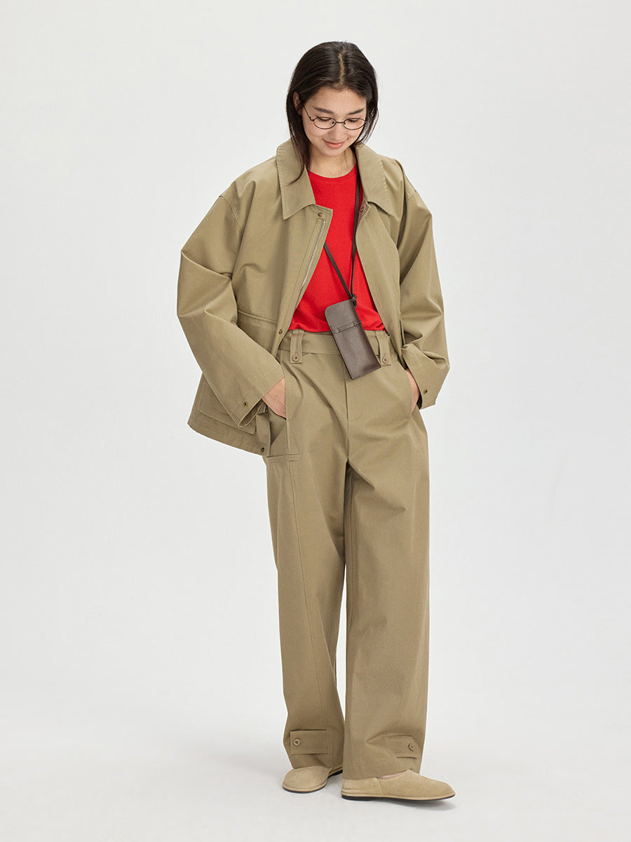 High Waist Wide-Leg Cargo Trousers with Adjustable Hem