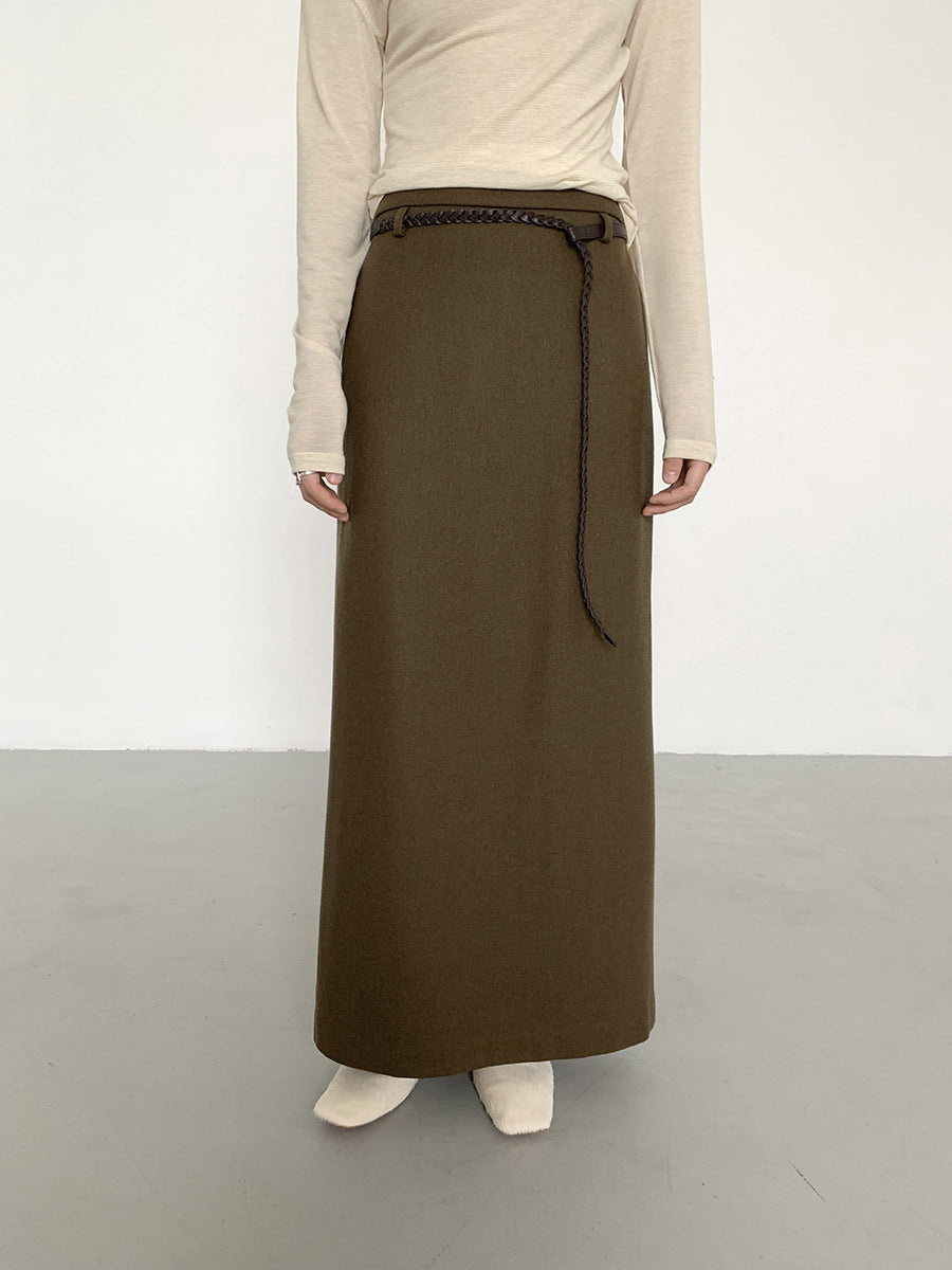 Hepburn Style Wool Straight Cut Maxi Skirt with Stylish Rope Belt