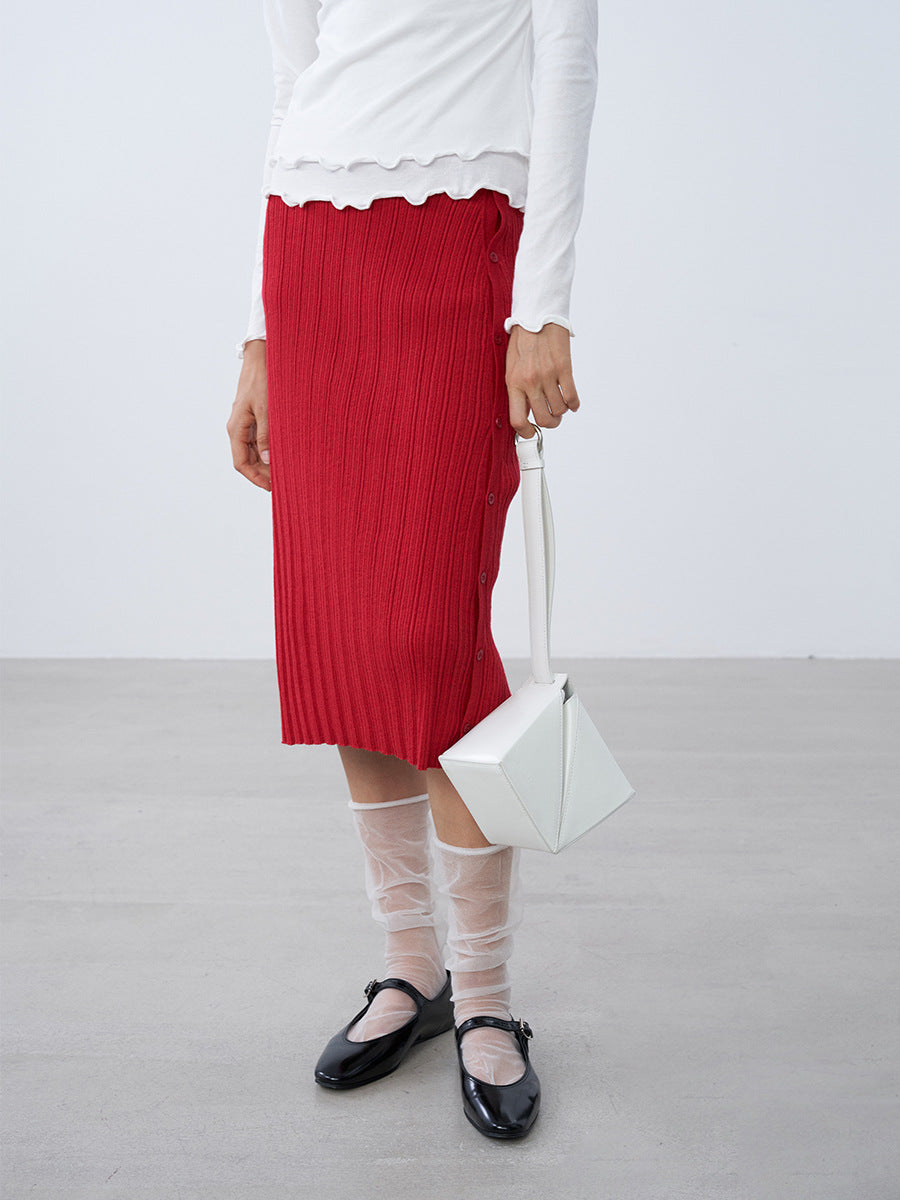 Ribbed Knit Midi Buttoned-Side Slim Skirt