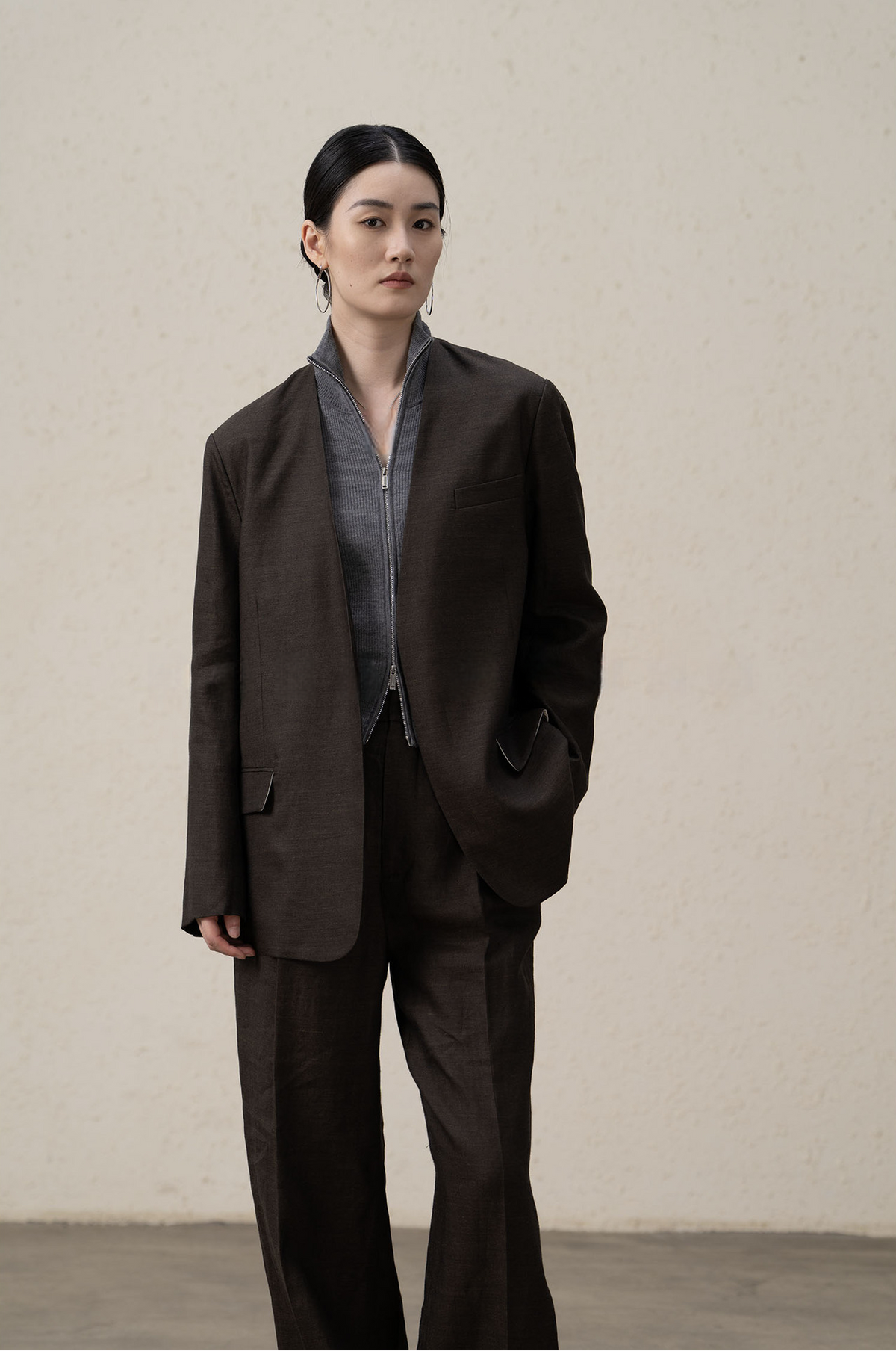 Premium Ramie Loose Oversized Suit Blazer and V-Neck Top