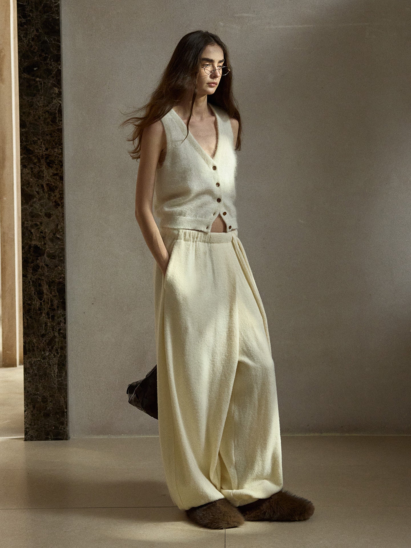 Asymmetrical Drawstring Waistband Soft Textured Wide-Leg Pants