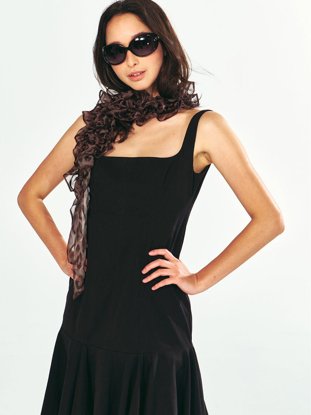 Square-Neck Fitted Bodice Midi Dress with Gathered Flare Skirt