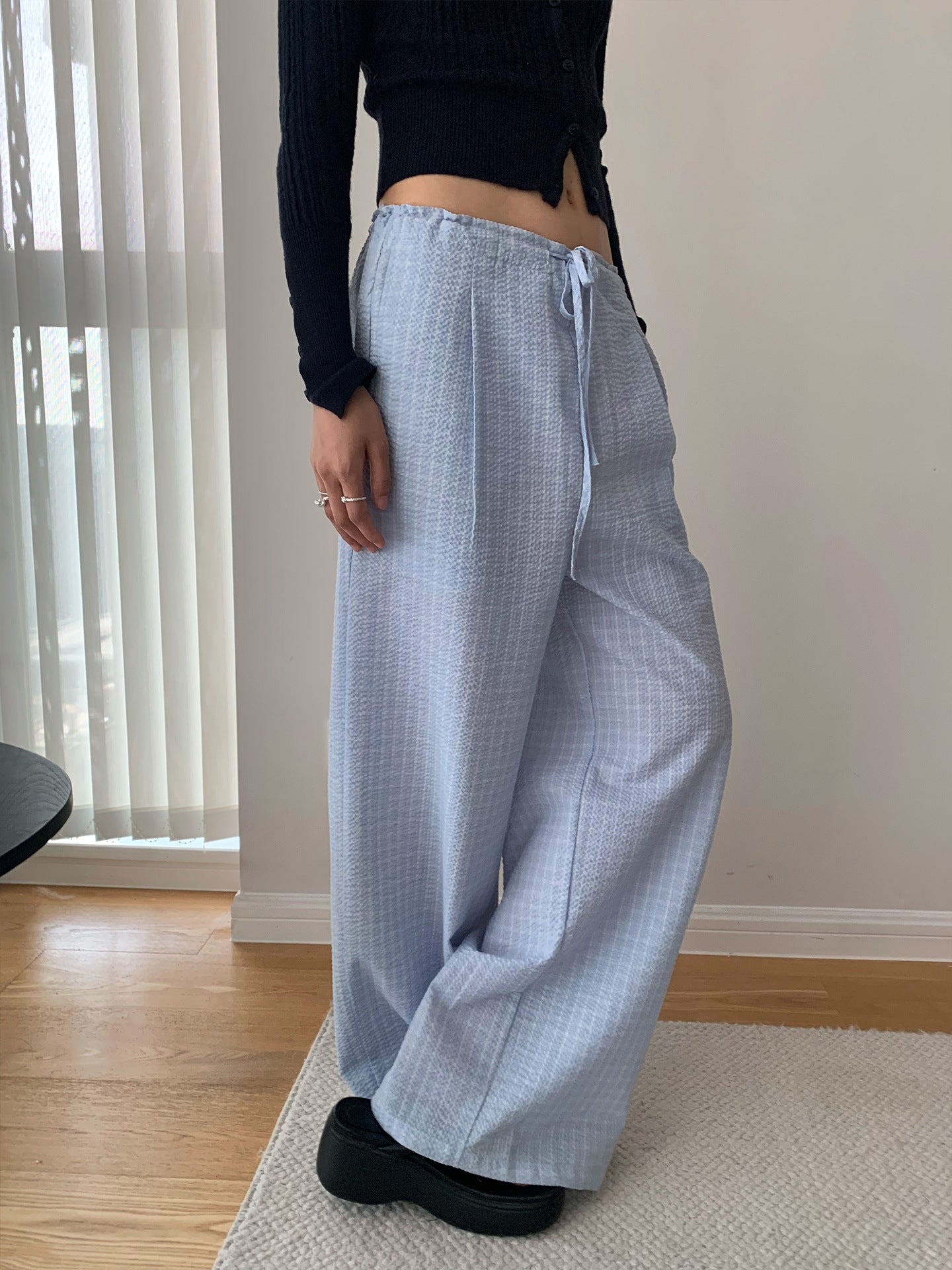 Drawstring Plaid Wide-leg Low-rise Pants