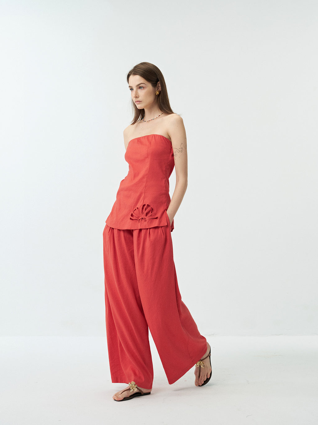 Linen Embroidered Hollow Tube Top